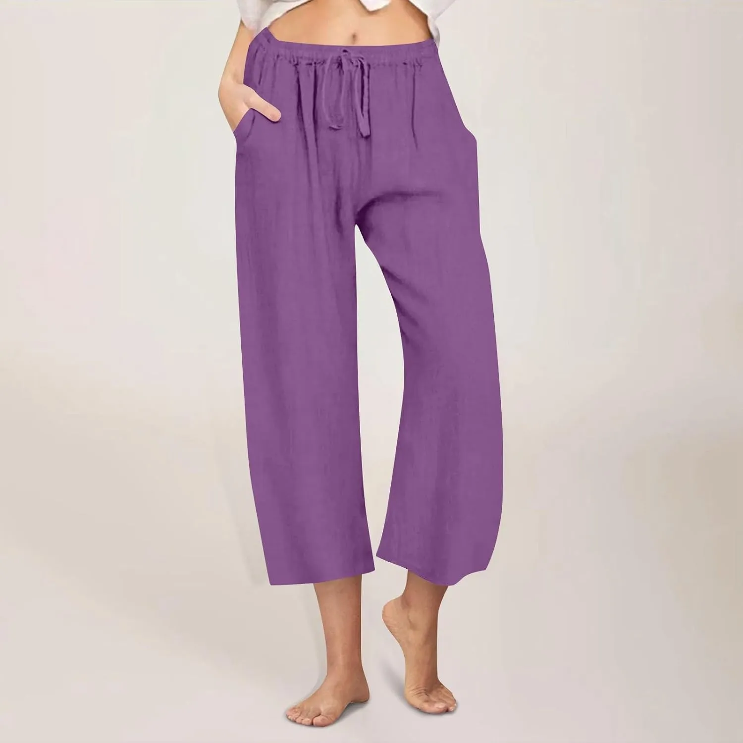 Cotton Linen Pants for Women Summer Lounge Drawstring Elastic Waist Trousers 2025 Casual Comfy Wide Leg Cropped Pants