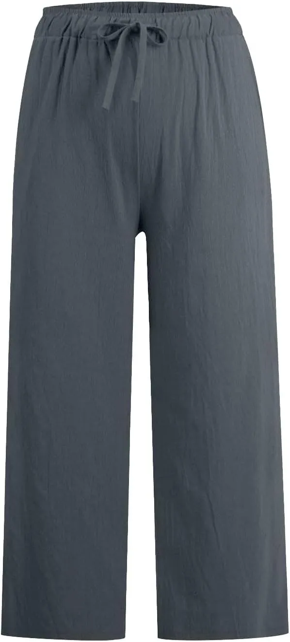 Cotton Linen Pants for Women Summer Lounge Drawstring Elastic Waist Trousers 2025 Casual Comfy Wide Leg Cropped Pants