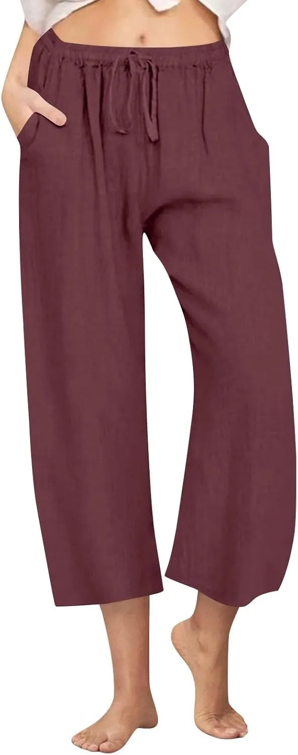 Cotton Linen Pants for Women Summer Lounge Drawstring Elastic Waist Trousers 2025 Casual Comfy Wide Leg Cropped Pants