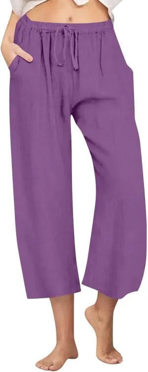 Cotton Linen Pants for Women Summer Lounge Drawstring Elastic Waist Trousers 2025 Casual Comfy Wide Leg Cropped Pants