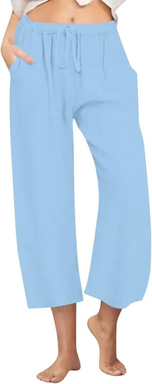 Cotton Linen Pants for Women Summer Lounge Drawstring Elastic Waist Trousers 2025 Casual Comfy Wide Leg Cropped Pants
