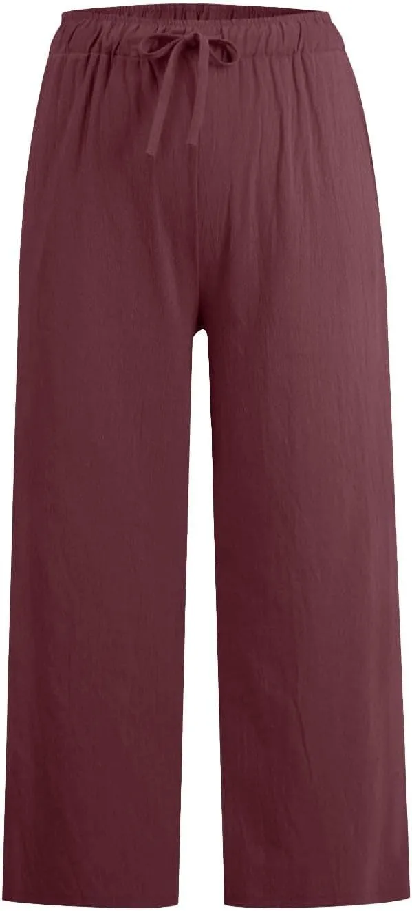 Cotton Linen Pants for Women Summer Lounge Drawstring Elastic Waist Trousers 2025 Casual Comfy Wide Leg Cropped Pants