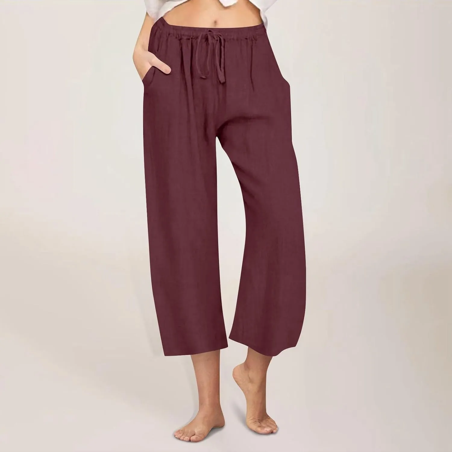 Cotton Linen Pants for Women Summer Lounge Drawstring Elastic Waist Trousers 2025 Casual Comfy Wide Leg Cropped Pants
