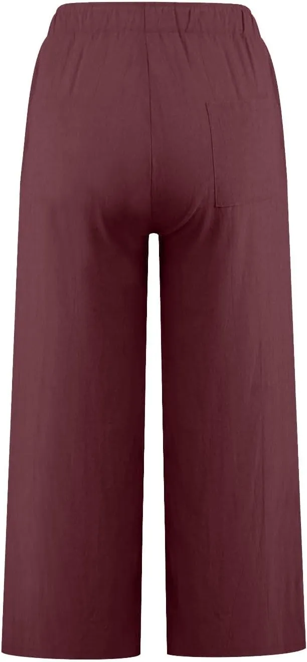 Cotton Linen Pants for Women Summer Lounge Drawstring Elastic Waist Trousers 2025 Casual Comfy Wide Leg Cropped Pants