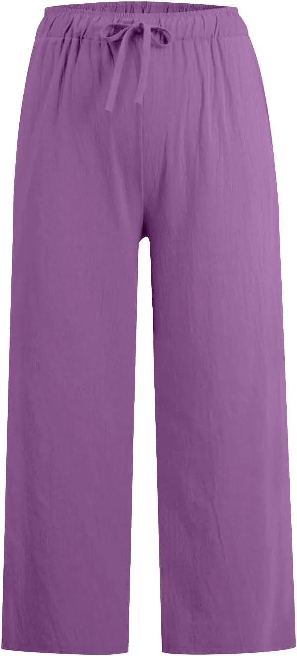 Cotton Linen Pants for Women Summer Lounge Drawstring Elastic Waist Trousers 2025 Casual Comfy Wide Leg Cropped Pants