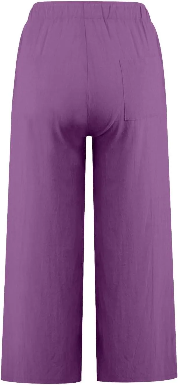 Cotton Linen Pants for Women Summer Lounge Drawstring Elastic Waist Trousers 2025 Casual Comfy Wide Leg Cropped Pants