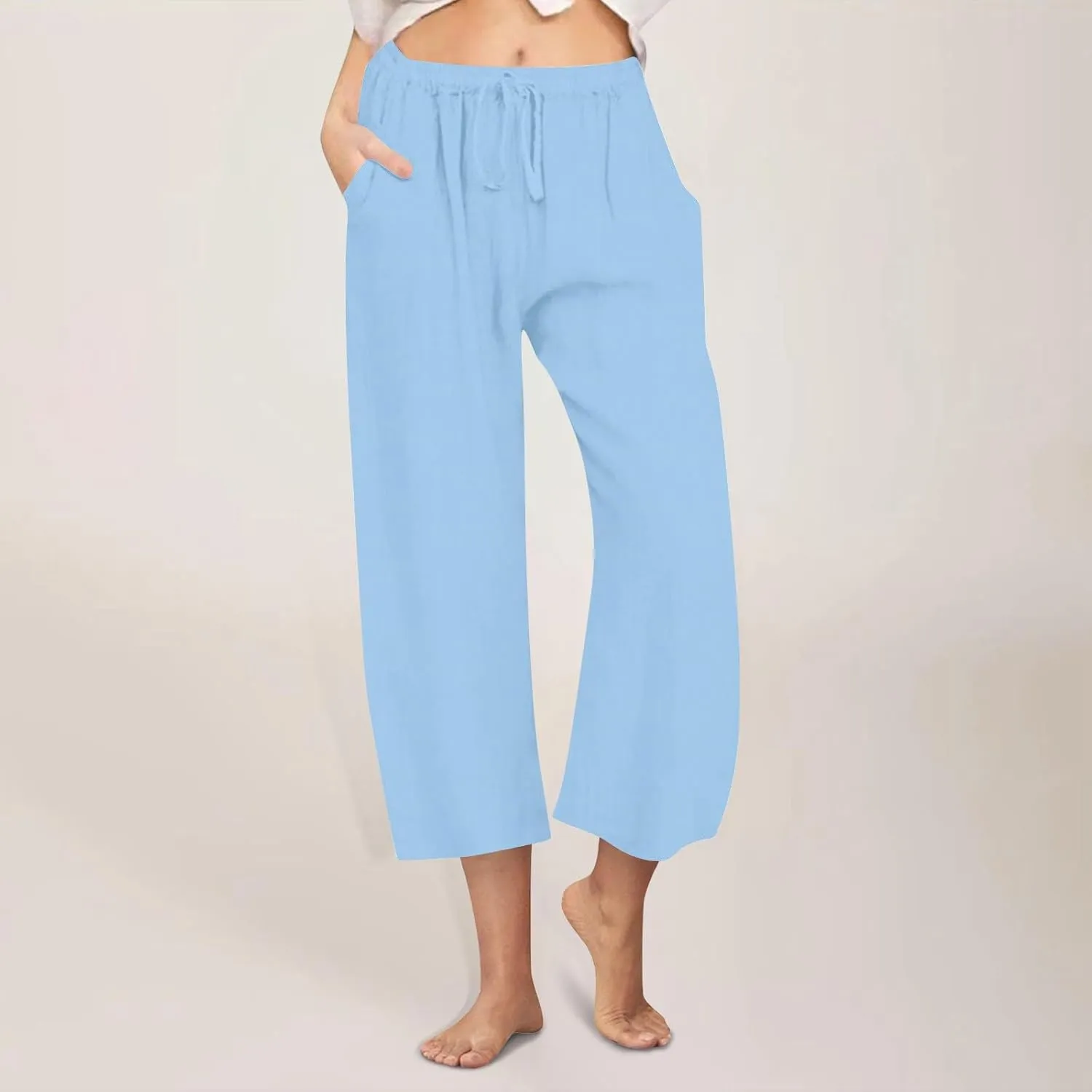 Cotton Linen Pants for Women Summer Lounge Drawstring Elastic Waist Trousers 2025 Casual Comfy Wide Leg Cropped Pants