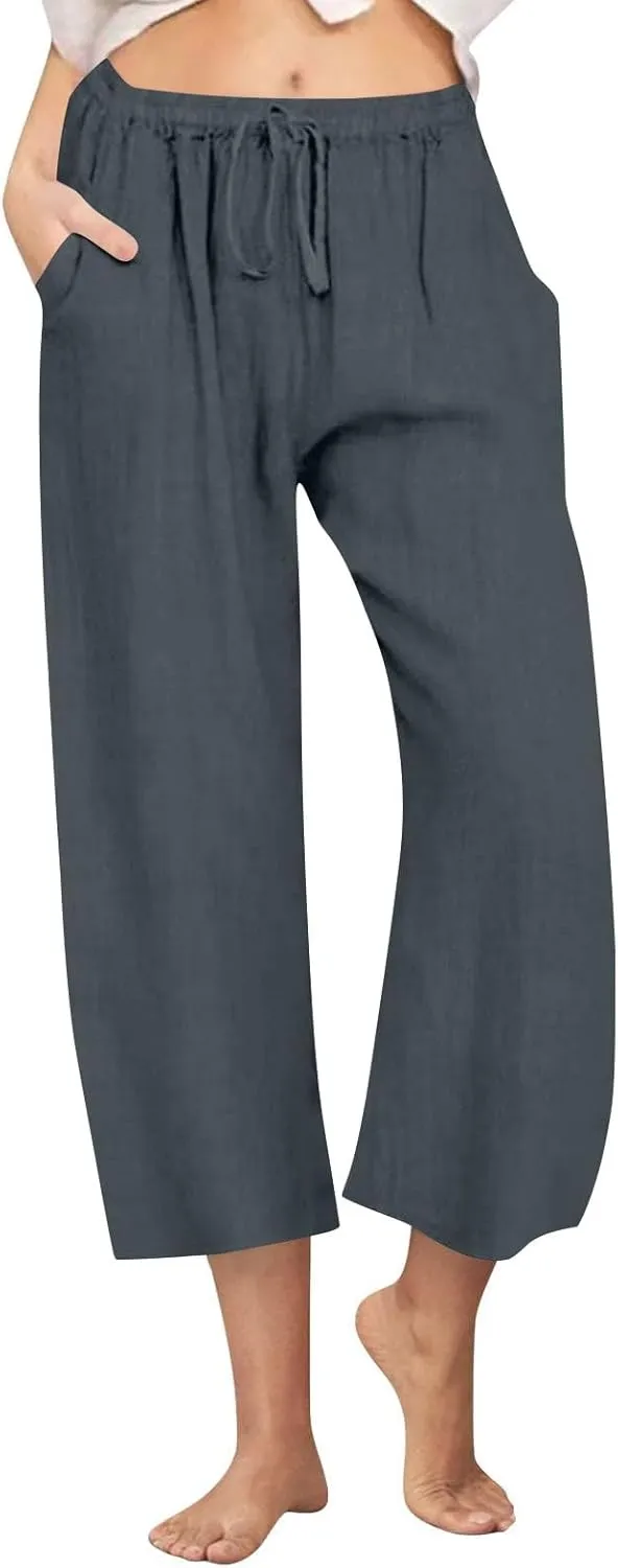 Cotton Linen Pants for Women Summer Lounge Drawstring Elastic Waist Trousers 2025 Casual Comfy Wide Leg Cropped Pants