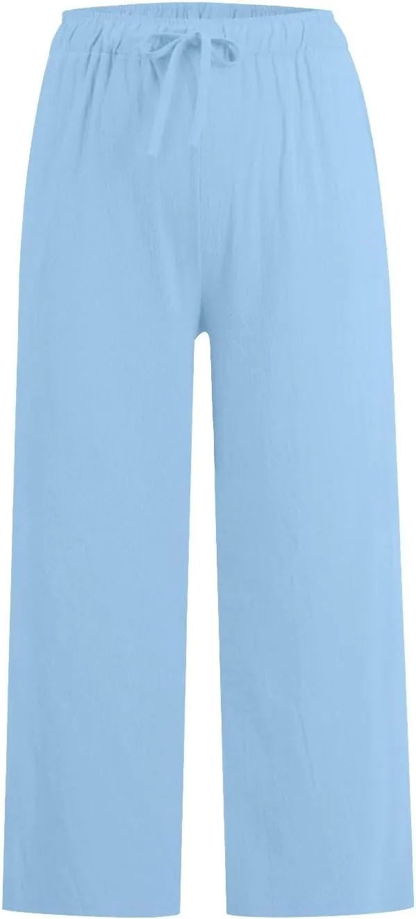 Cotton Linen Pants for Women Summer Lounge Drawstring Elastic Waist Trousers 2025 Casual Comfy Wide Leg Cropped Pants