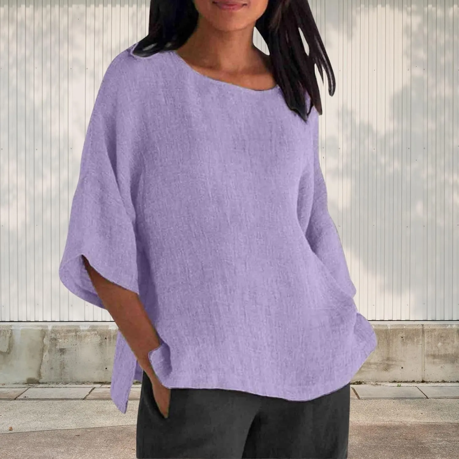 Cotton Linen Shirts for Women Summer Casual Crewneck Pullover Tops Comfy Loose Women's Short Sleeve T Shirt