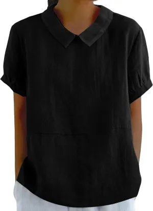 Cotton Linen Shirts for Women Summer Casual Short Sleeve Pullover Tops Comfy Loose Women's Lapel T Shirt