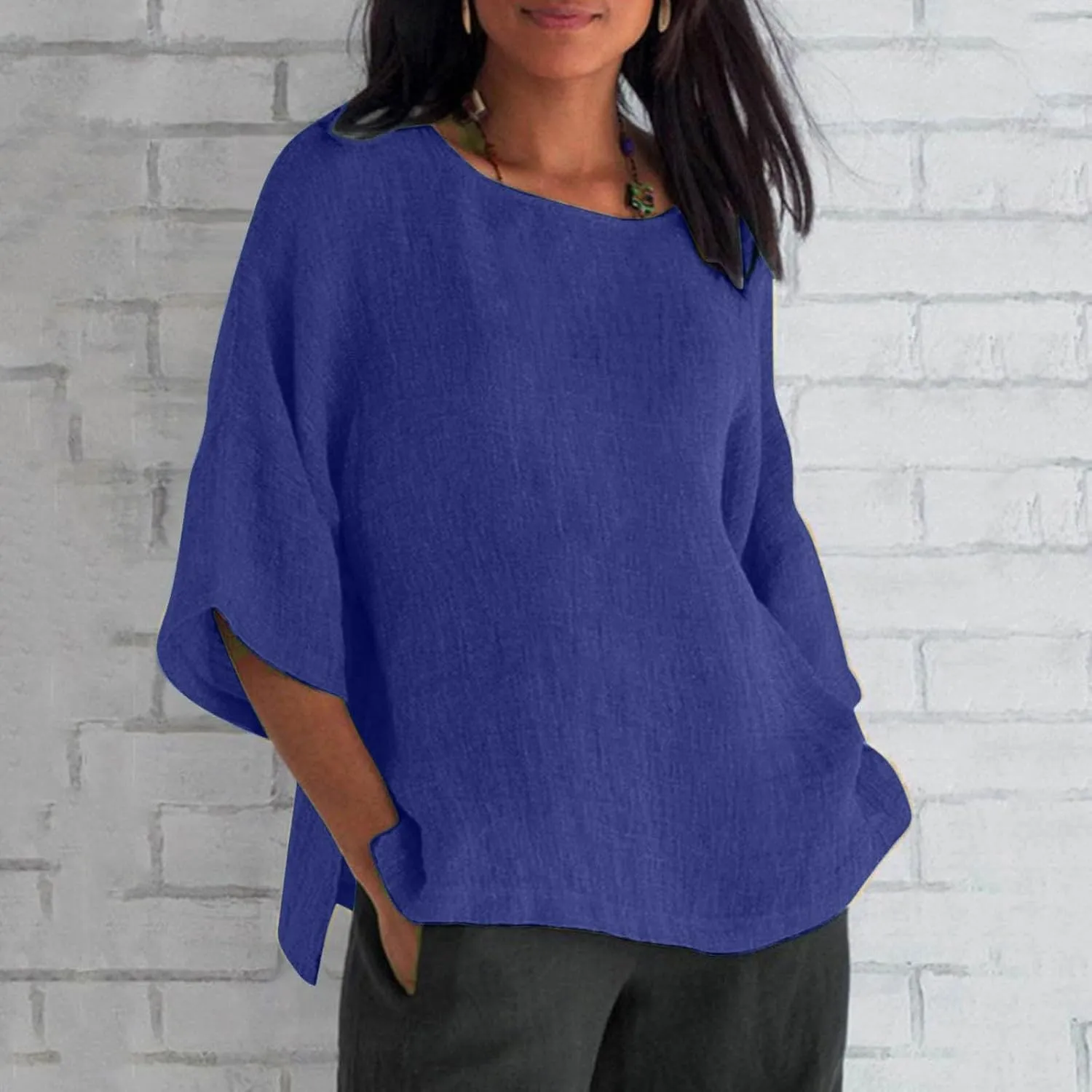 Cotton Linen Shirts for Womens Plus Size 3/4 Sleeve Tops Casual Loose Crewneck Tees Beach Summer Blouse