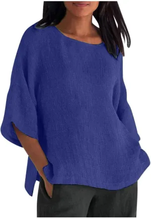 Cotton Linen Shirts for Womens Plus Size 3/4 Sleeve Tops Casual Loose Crewneck Tees Beach Summer Blouse
