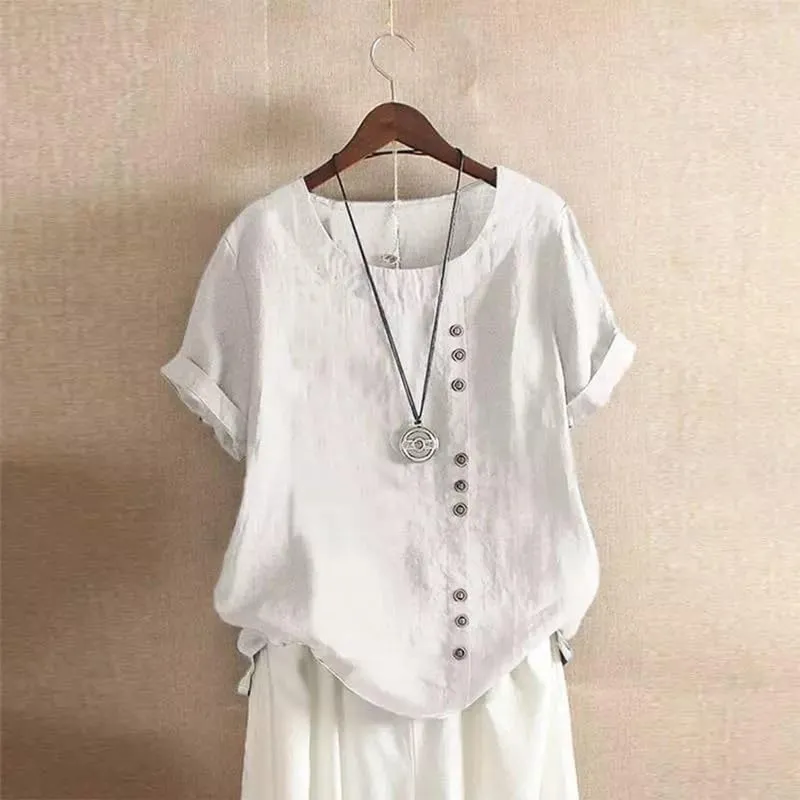 Cotton Linen Shirts Women Crew Neck Short Sleeve Tunic Button Down Blouse Shirt Plus Size Casual Summer T-Shirts Top