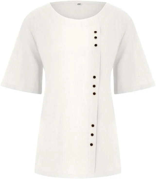 Cotton Linen Shirts Women Crew Neck Short Sleeve Tunic Button Down Blouse Shirt Plus Size Casual Summer T-Shirts Top