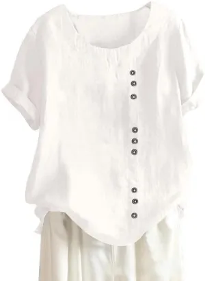 Cotton Linen Shirts Women Crew Neck Short Sleeve Tunic Button Down Blouse Shirt Plus Size Casual Summer T-Shirts Top