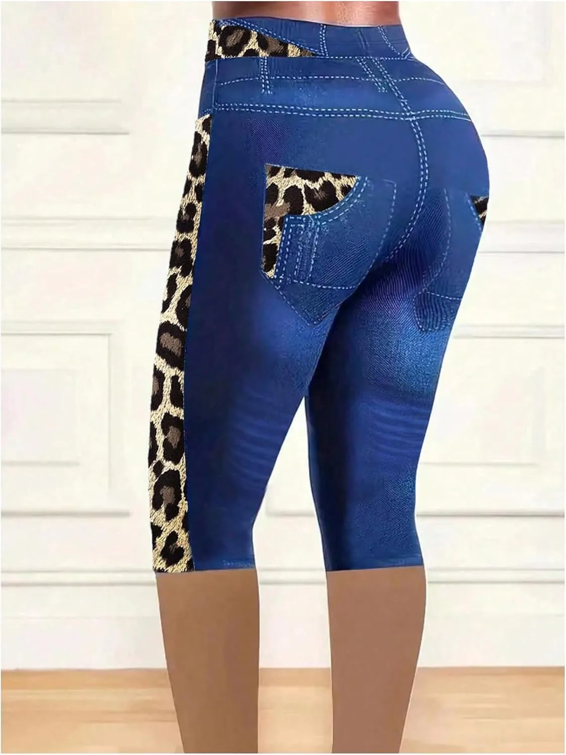COZYEASE Women's Y2K Leopard Denim Print Leggings High Waisted Vintage Skinny Capri Pants