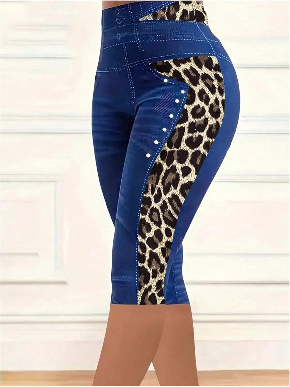 COZYEASE Women's Y2K Leopard Denim Print Leggings High Waisted Vintage Skinny Capri Pants