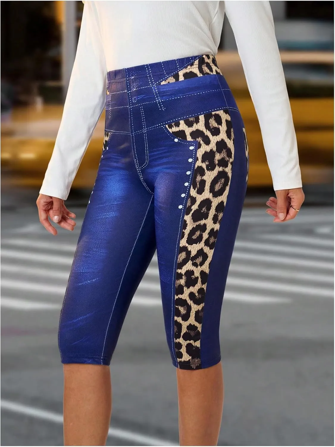 COZYEASE Women's Y2K Leopard Denim Print Leggings High Waisted Vintage Skinny Capri Pants