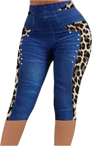 COZYEASE Women's Y2K Leopard Denim Print Leggings High Waisted Vintage Skinny Capri Pants