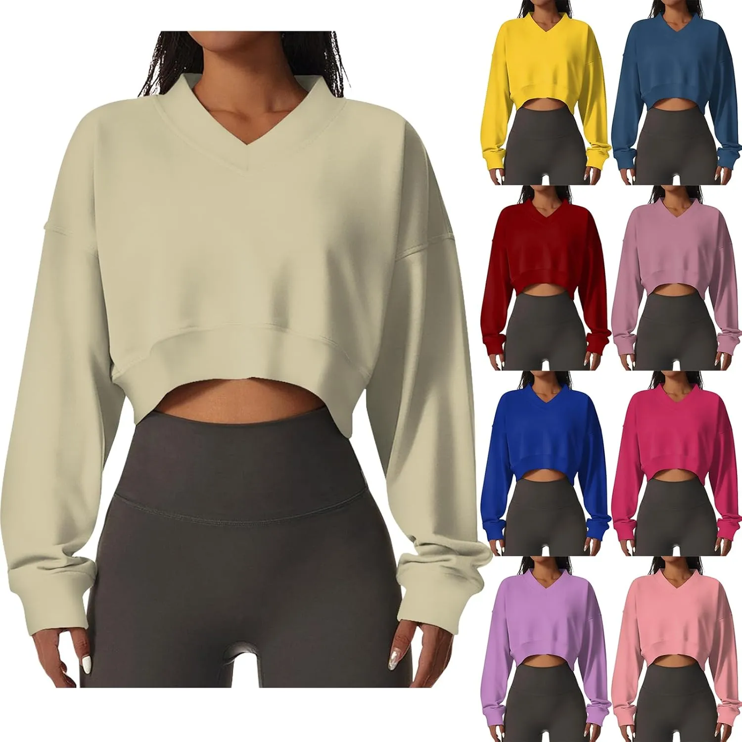 Cropped Sweatshirts for Women Oversized Casual Tunic V Neck Sweater Pullover Long Sleeve Sexy Comfy Fleece Pullover Tops