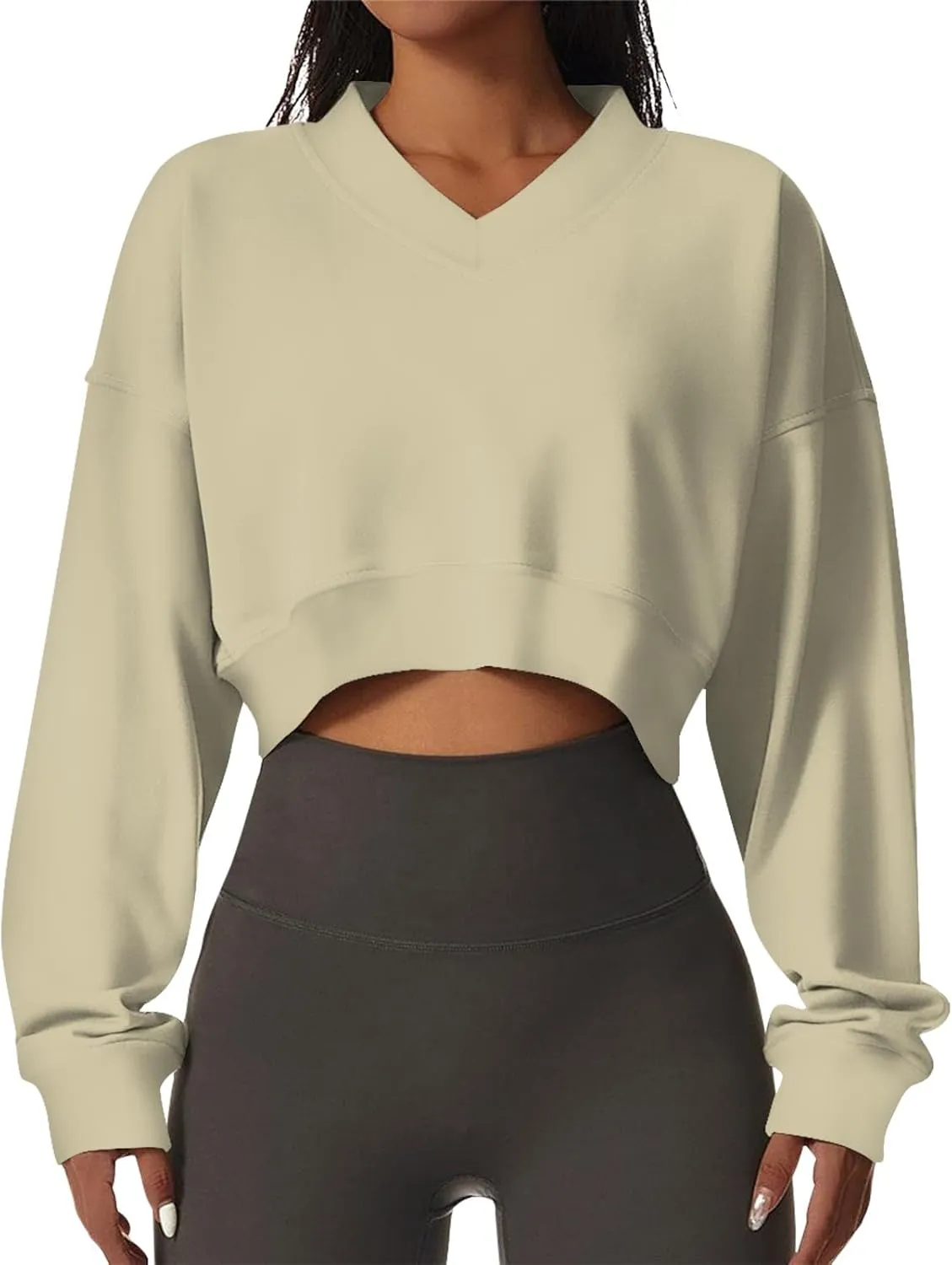 Cropped Sweatshirts for Women Oversized Casual Tunic V Neck Sweater Pullover Long Sleeve Sexy Comfy Fleece Pullover Tops