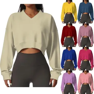 Cropped Sweatshirts for Women Oversized Casual Tunic V Neck Sweater Pullover Long Sleeve Sexy Comfy Fleece Pullover Tops
