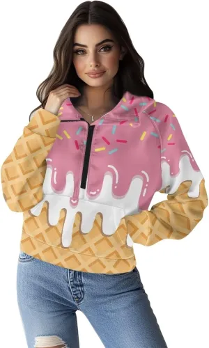 Custom Hoodies Crop Tops for Women Half Zip Sweatshirt for Fall Winter Loose Lightweight Office Pullover with Pocket