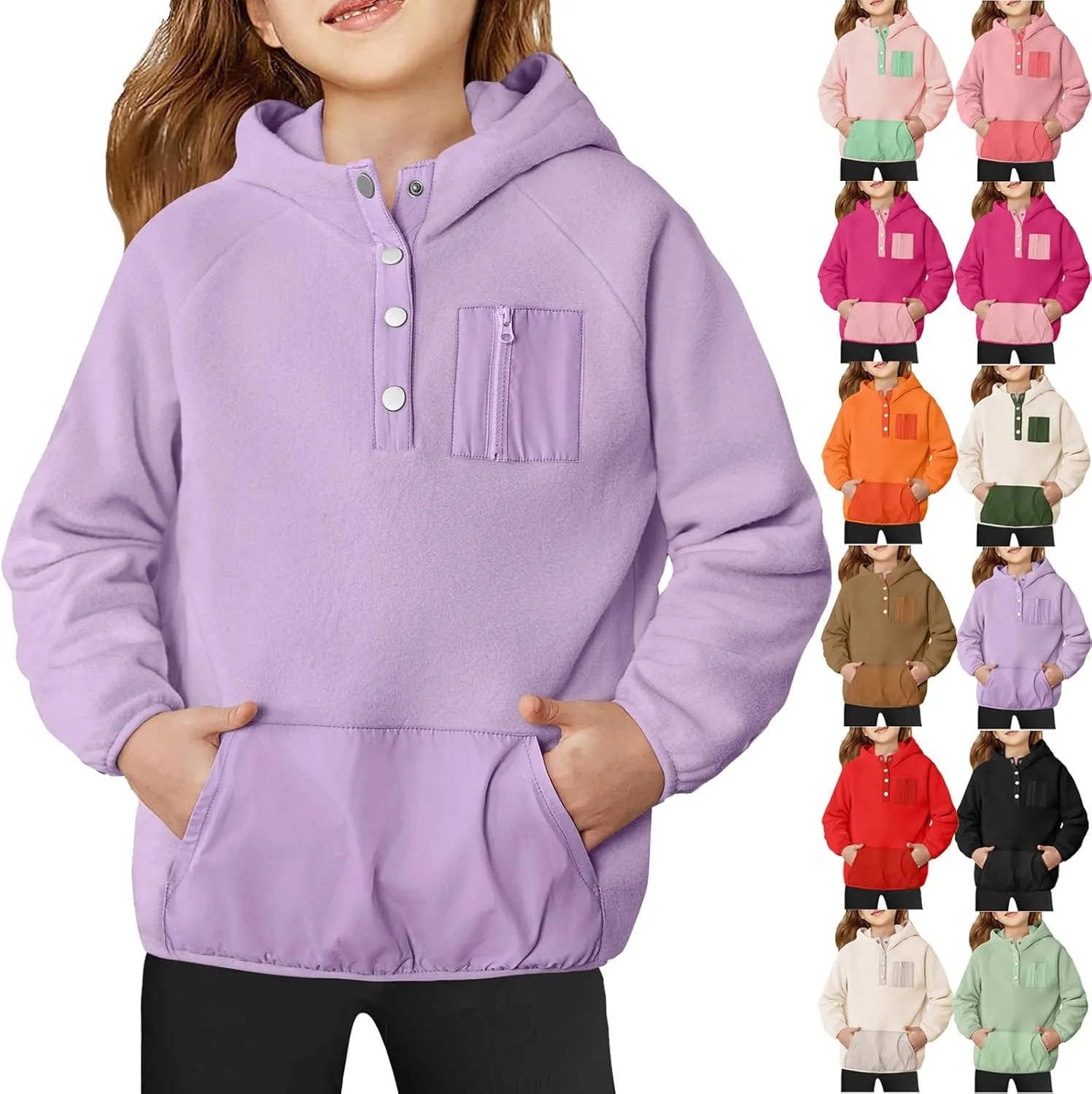Cute Hoodies For Girls Color Block Sherpa Fleece Hooded Sweatshirt Teen Girl Winter Warm Button Down Pullover Jackets