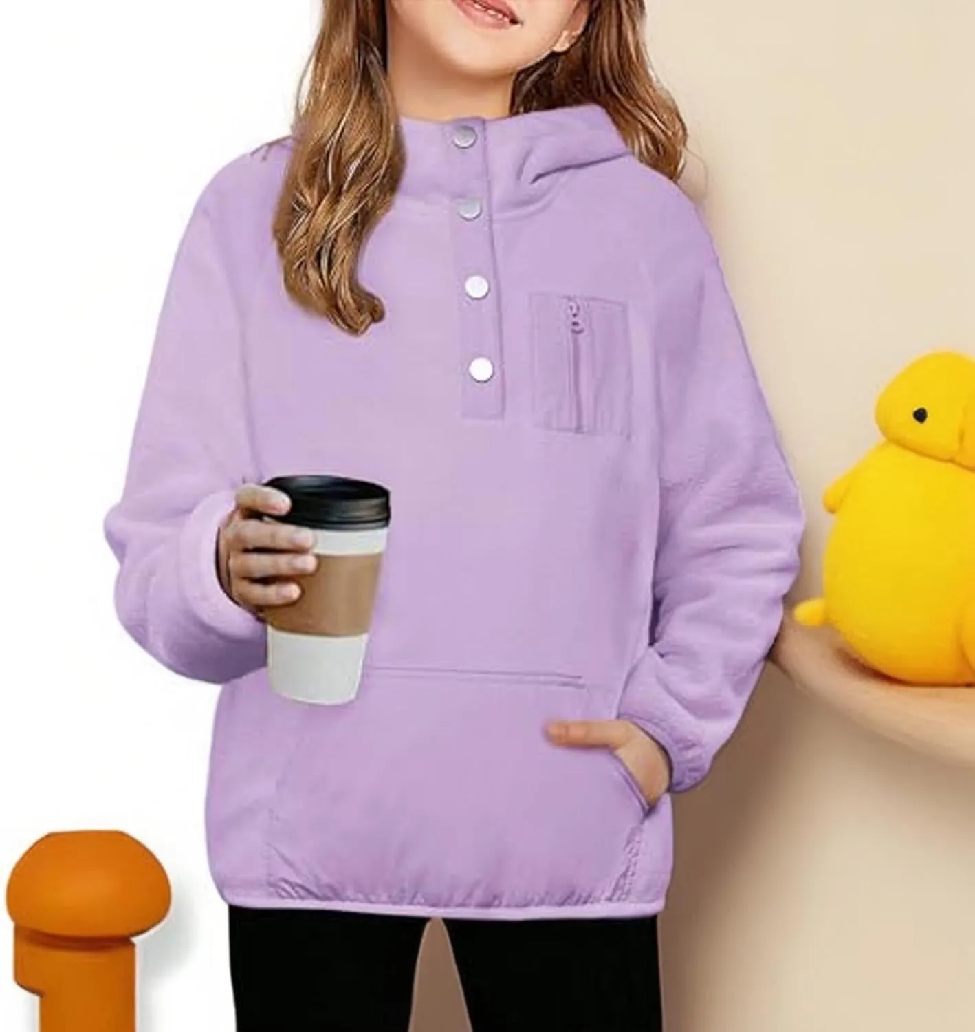 Cute Hoodies For Girls Color Block Sherpa Fleece Hooded Sweatshirt Teen Girl Winter Warm Button Down Pullover Jackets