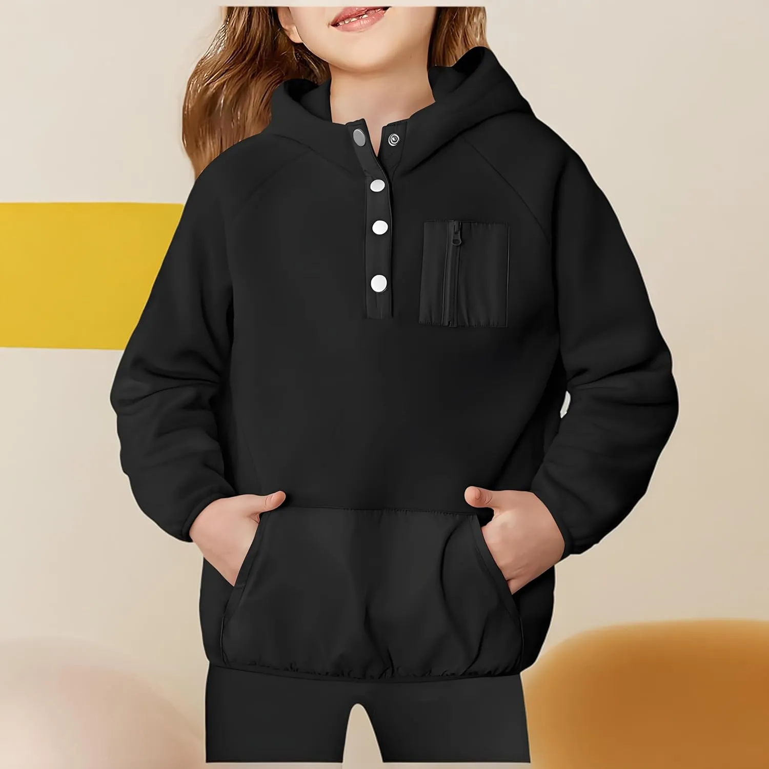 Cute Hoodies For Girls Color Block Sherpa Fleece Hooded Sweatshirt Teen Girl Winter Warm Button Down Pullover Jackets
