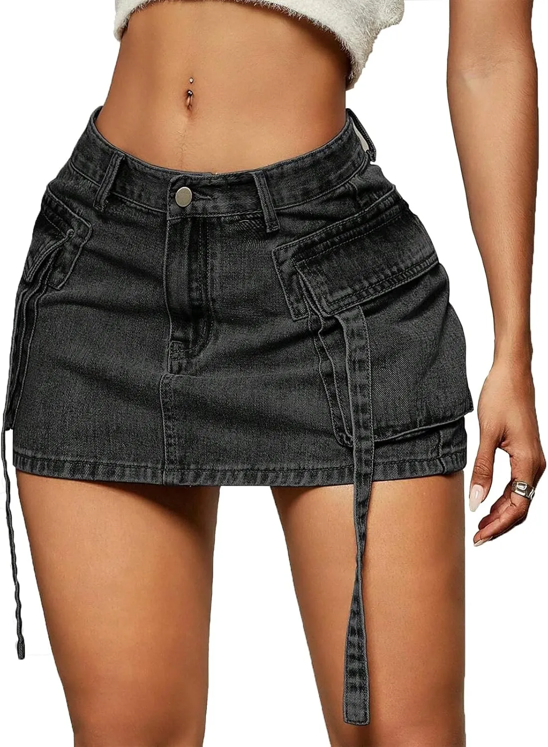 Denim Skirt y2k Button Mini Skirt Jean Skirt Cargo Skirts for Women with Pocket Low Waist