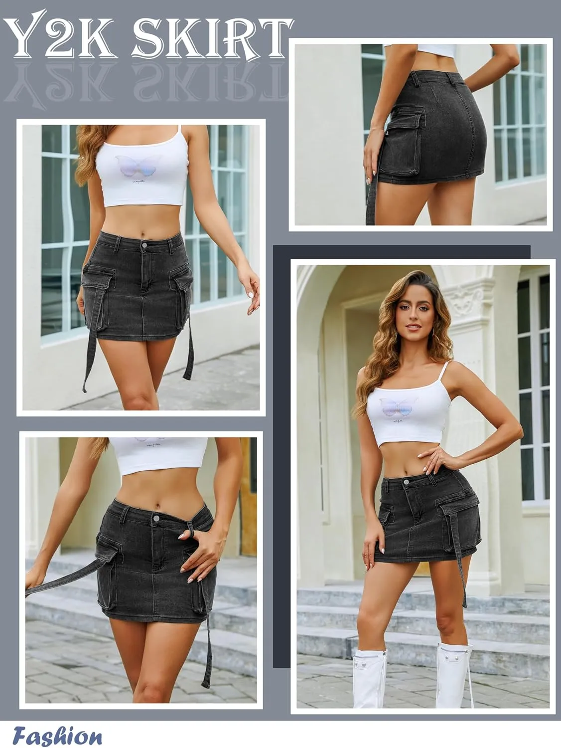Denim Skirt y2k Button Mini Skirt Jean Skirt Cargo Skirts for Women with Pocket Low Waist