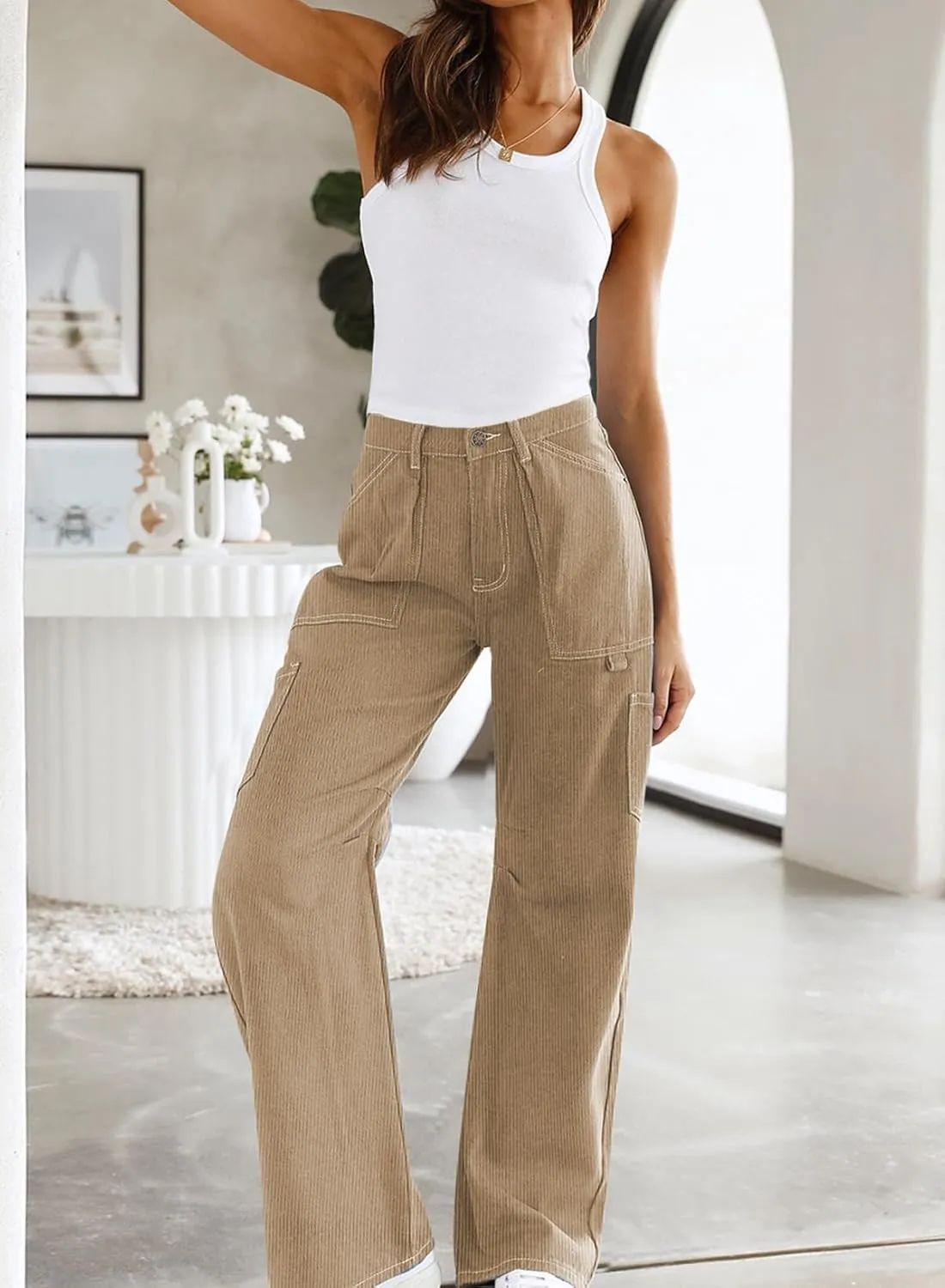 Dokotoo Cargo Long Pants Women 2024 Wide Leg High Waisted with Pockets Casual Pants