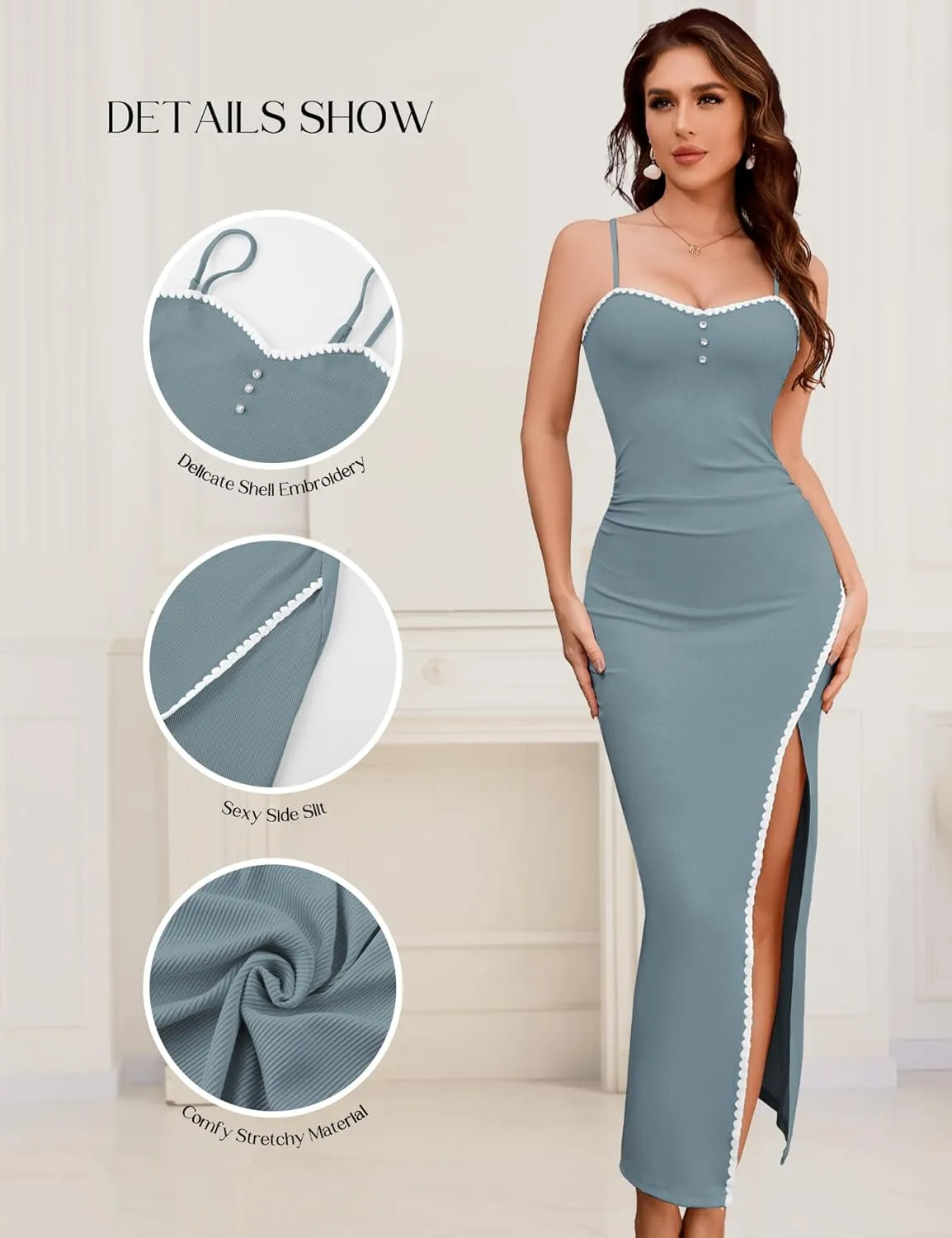 Dressystar Womens Spaghetti Strap Bodycon Formal Maxi Dress 2025 Summer Ribbed Sleeveless High Slit Embroidery Long Dresses