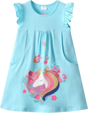 DXTON Toddler Girls Dresses Easter Rainbow Short Sleeve Cotton Casual Summer Birthday School Sundress