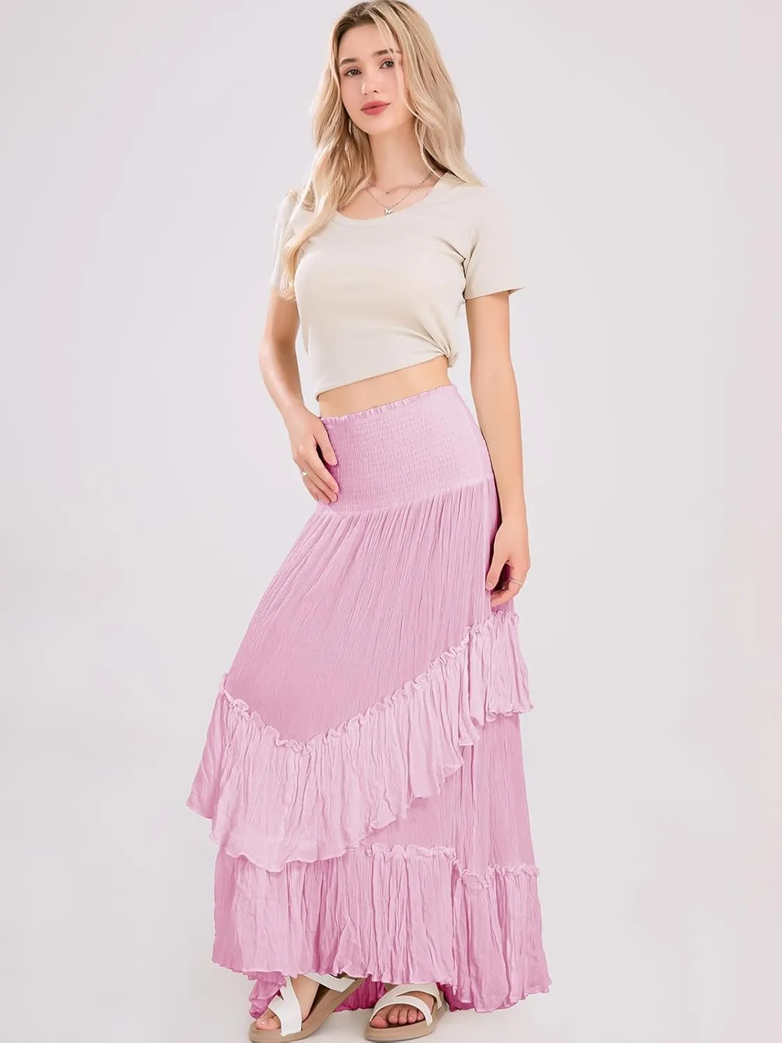 ebossy Women's Smocked High Waist Pleated Ruffles Layered Tiered A-Line Flowy Maxi Skirt