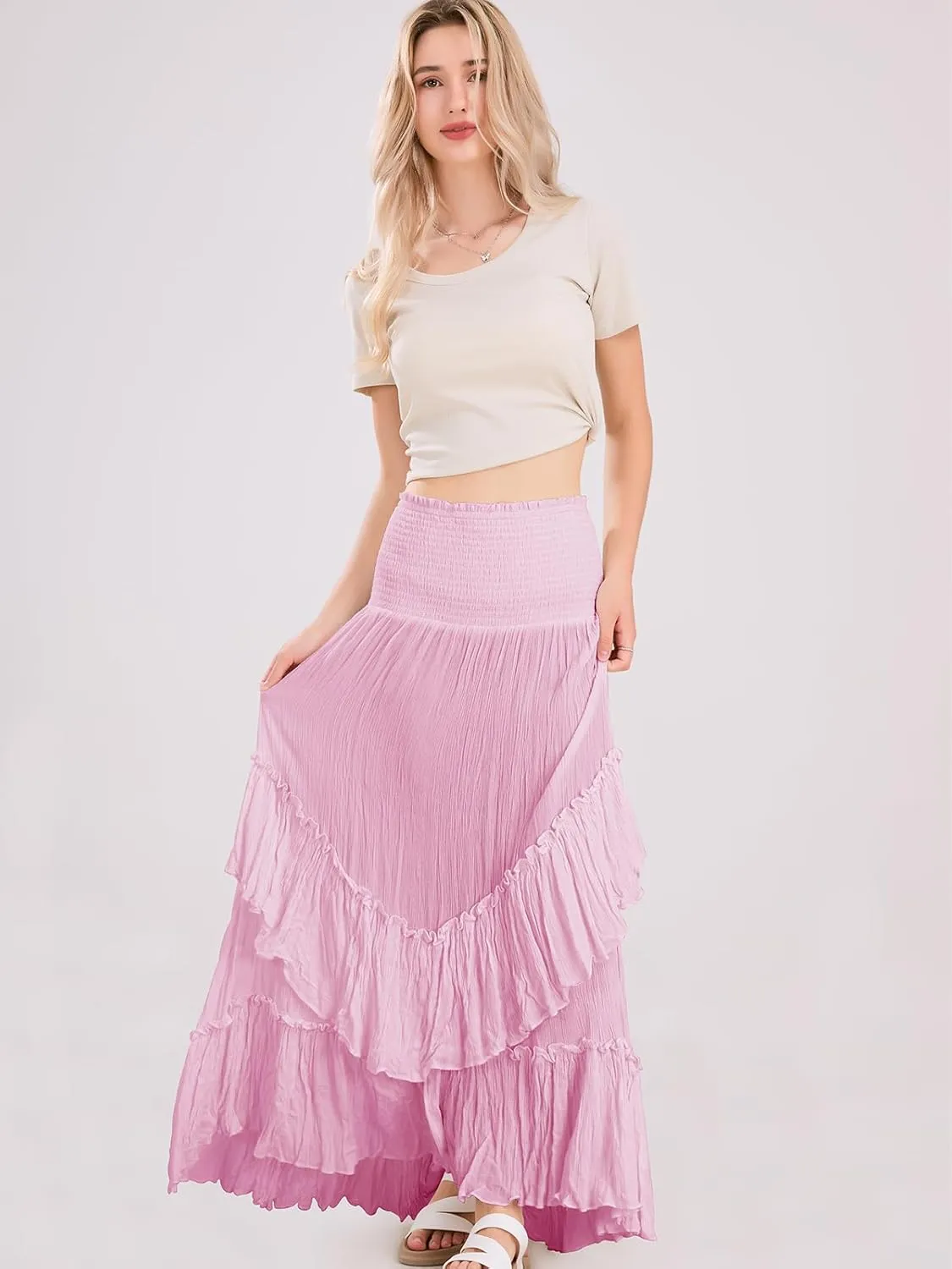 ebossy Women's Smocked High Waist Pleated Ruffles Layered Tiered A-Line Flowy Maxi Skirt