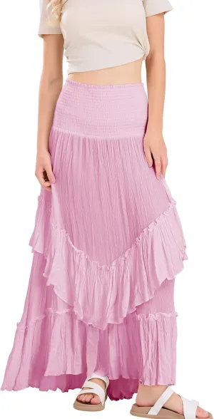 ebossy Women's Smocked High Waist Pleated Ruffles Layered Tiered A-Line Flowy Maxi Skirt