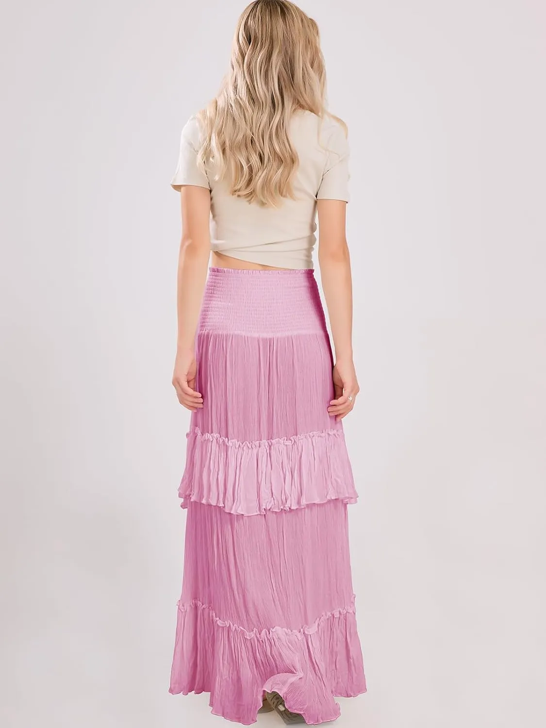 ebossy Women's Smocked High Waist Pleated Ruffles Layered Tiered A-Line Flowy Maxi Skirt