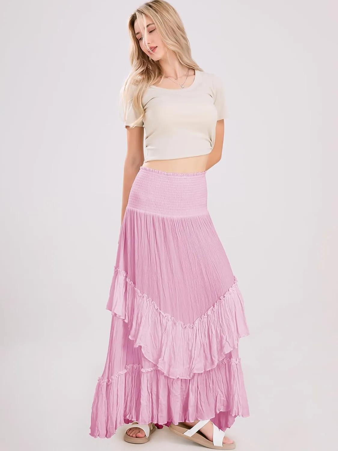 ebossy Women's Smocked High Waist Pleated Ruffles Layered Tiered A-Line Flowy Maxi Skirt