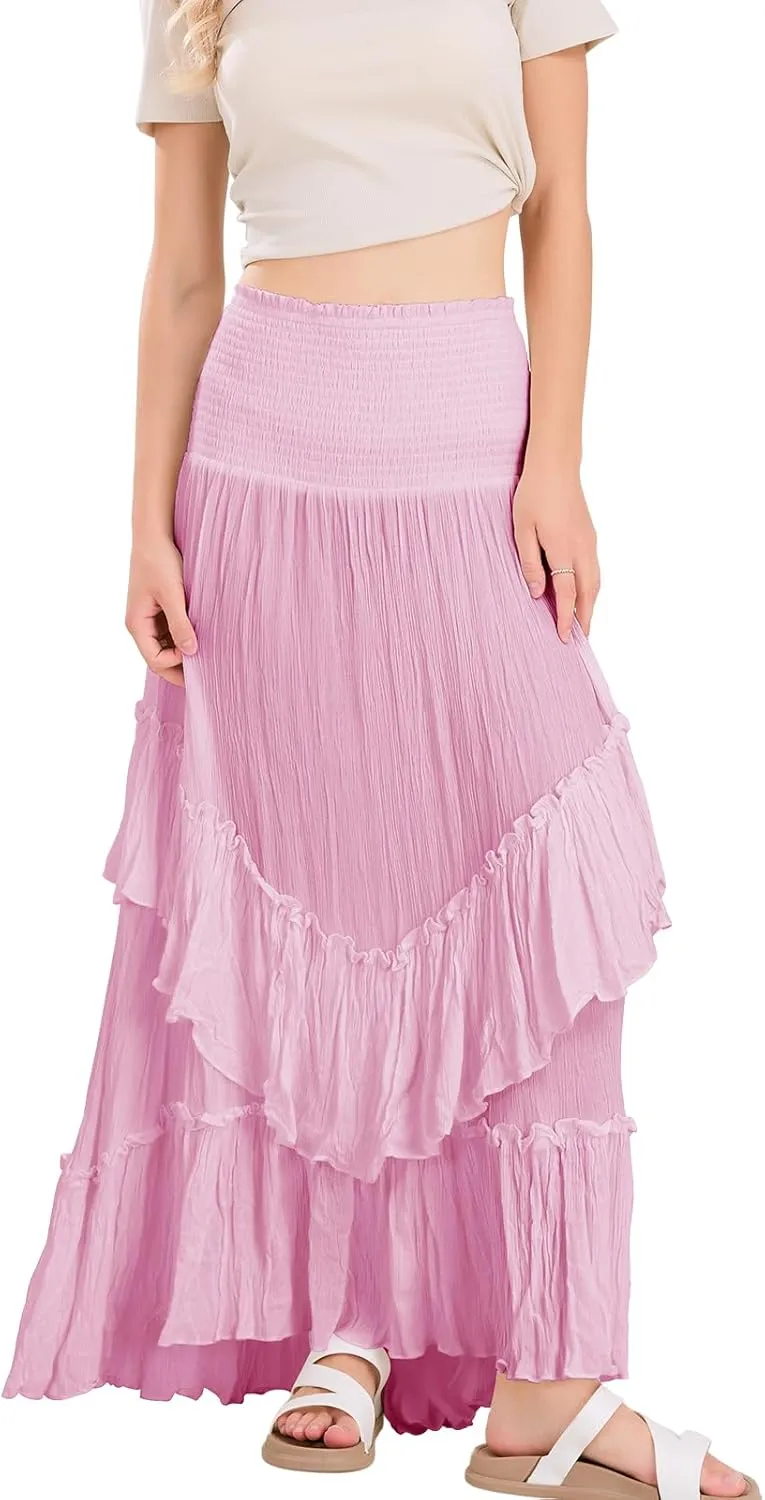 ebossy Women's Smocked High Waist Pleated Ruffles Layered Tiered A-Line Flowy Maxi Skirt