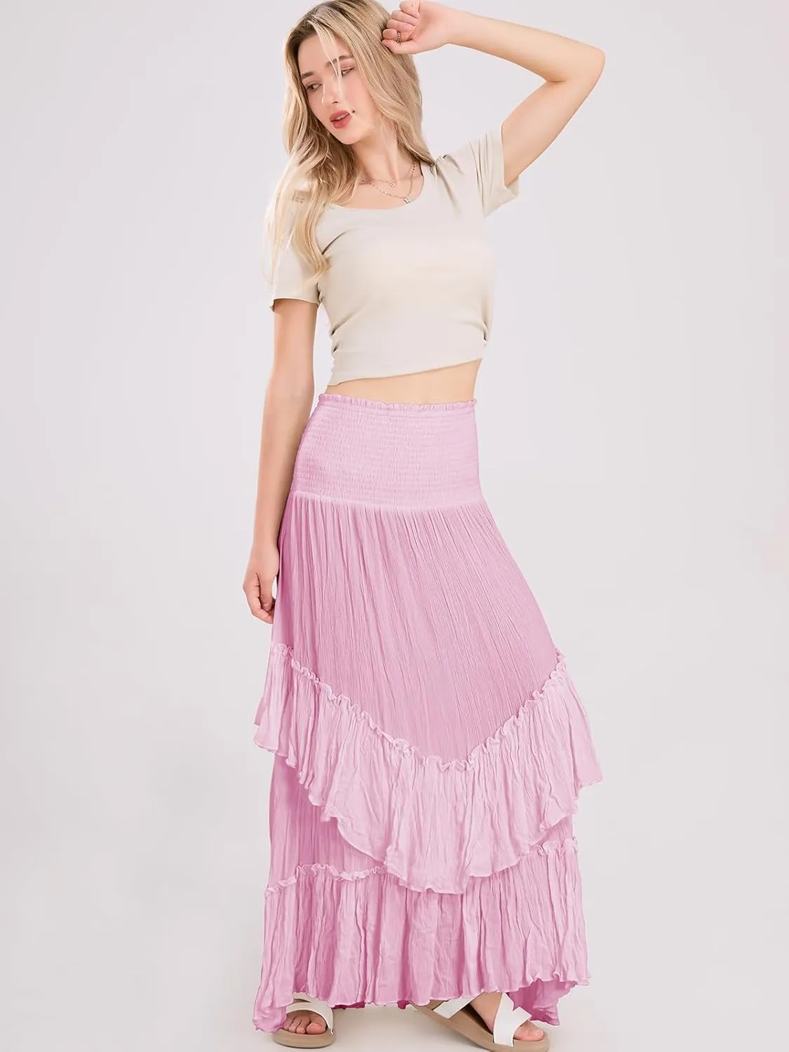 ebossy Women's Smocked High Waist Pleated Ruffles Layered Tiered A-Line Flowy Maxi Skirt