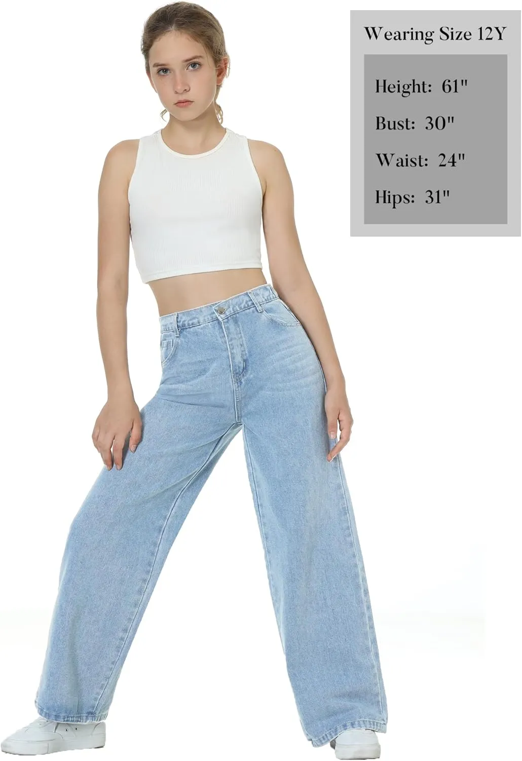 EXARUS Girls Jeans Pants Wide Leg/Flare/Skinny Denim Pant Ripped High Waist Elastic Band Casual with Pockets Kids 6-14Y