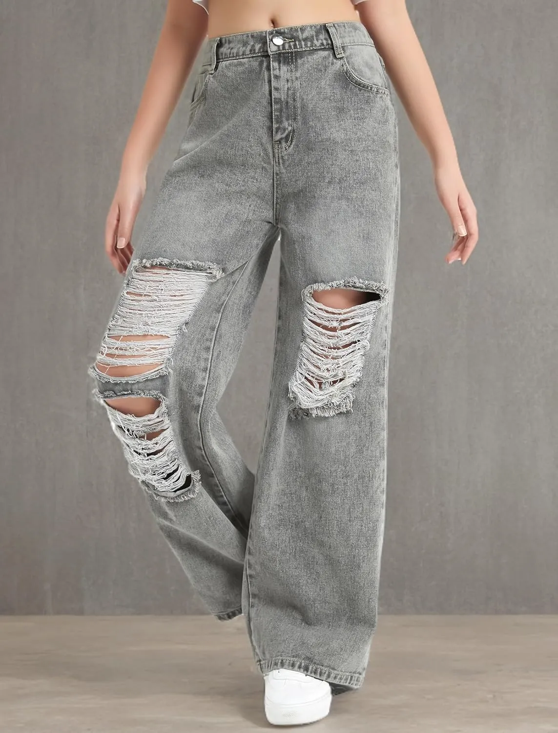 EXARUS Girls Jeans Pants Wide Leg/Flare/Skinny Denim Pant Ripped High Waist Elastic Band Casual with Pockets Kids 6-14Y