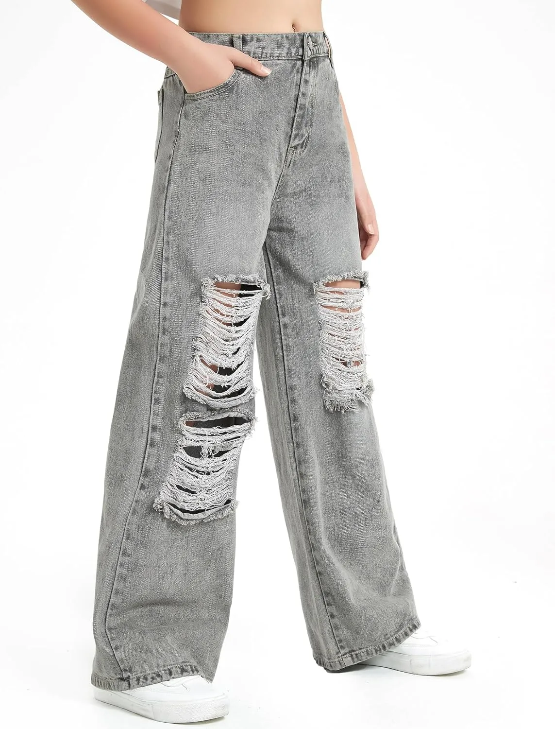 EXARUS Girls Jeans Pants Wide Leg/Flare/Skinny Denim Pant Ripped High Waist Elastic Band Casual with Pockets Kids 6-14Y