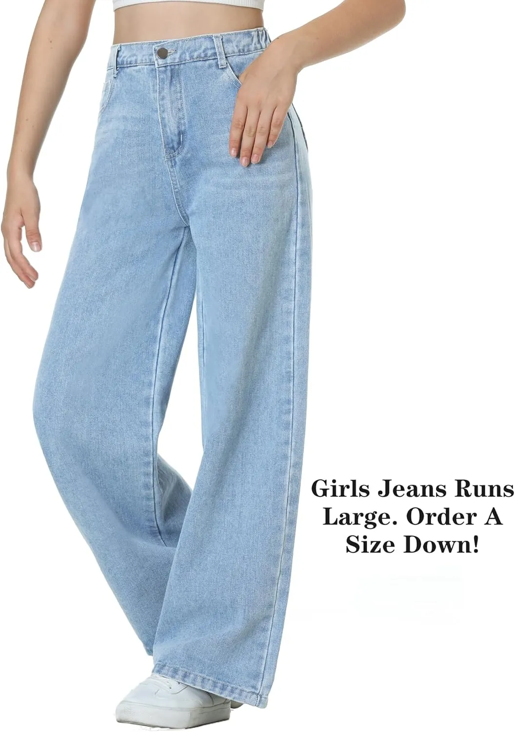 EXARUS Girls Jeans Pants Wide Leg/Flare/Skinny Denim Pant Ripped High Waist Elastic Band Casual with Pockets Kids 6-14Y
