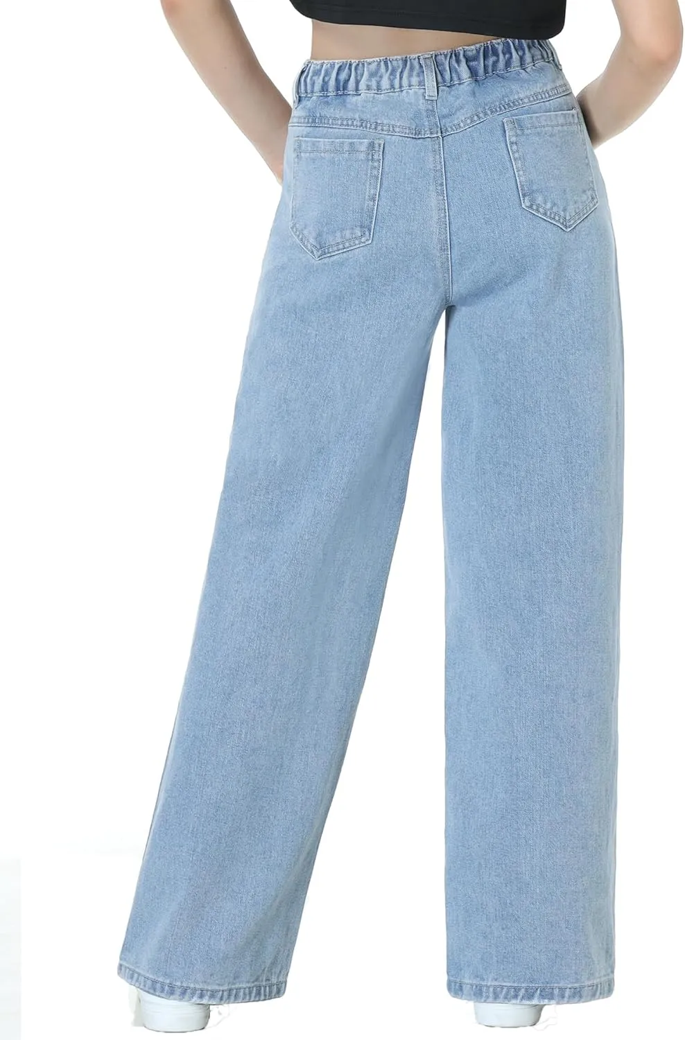 EXARUS Girls Jeans Pants Wide Leg/Flare/Skinny Denim Pant Ripped High Waist Elastic Band Casual with Pockets Kids 6-14Y