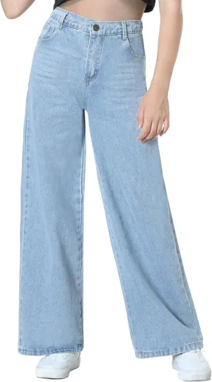 EXARUS Girls Jeans Pants Wide Leg/Flare/Skinny Denim Pant Ripped High Waist Elastic Band Casual with Pockets Kids 6-14Y