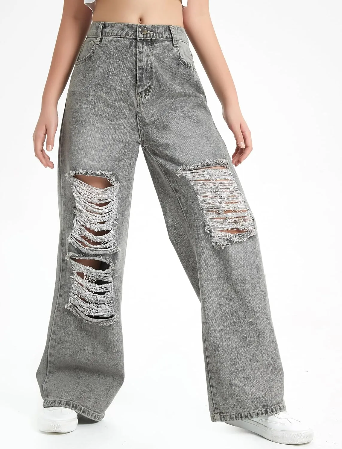 EXARUS Girls Jeans Pants Wide Leg/Flare/Skinny Denim Pant Ripped High Waist Elastic Band Casual with Pockets Kids 6-14Y